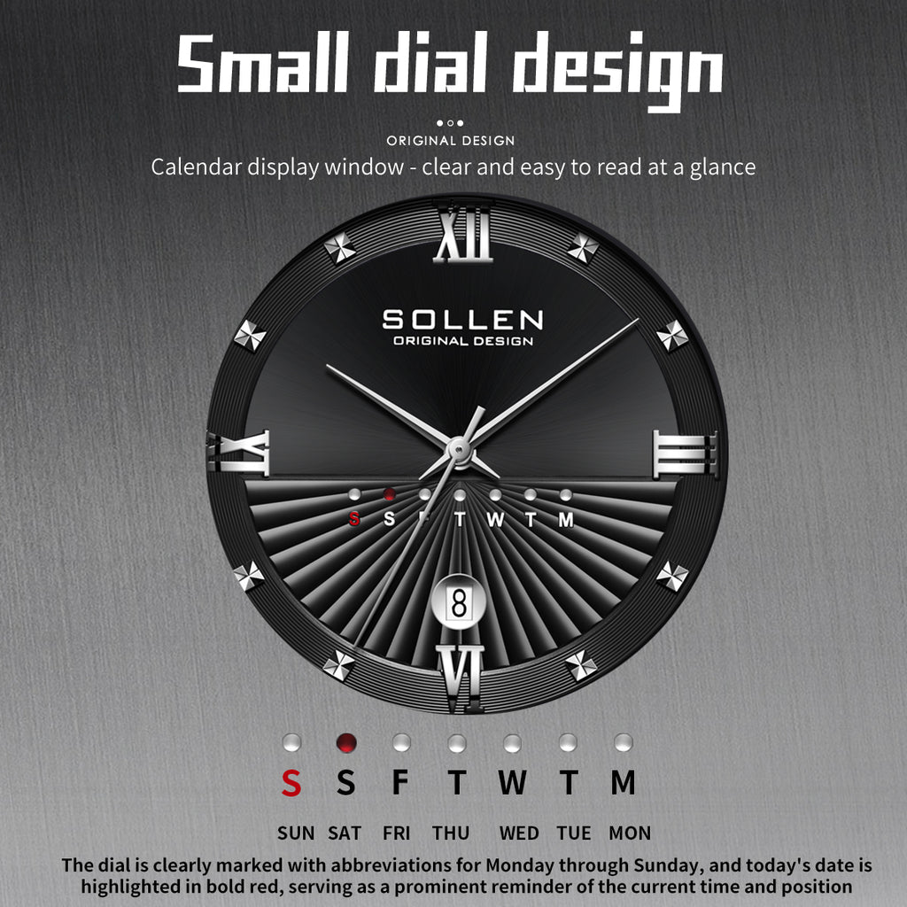 Sollen SL716 Quartz Watch - Men's Classic Stainless Steel 3-Bead Bracelet Day-Date Display Wristwatch