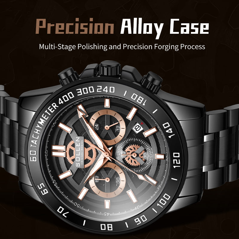 Sollen SL722 Chronograph Watch - Men's All-Black Case Multi-Function Stainless Steel Link Bracelet Wristwatch