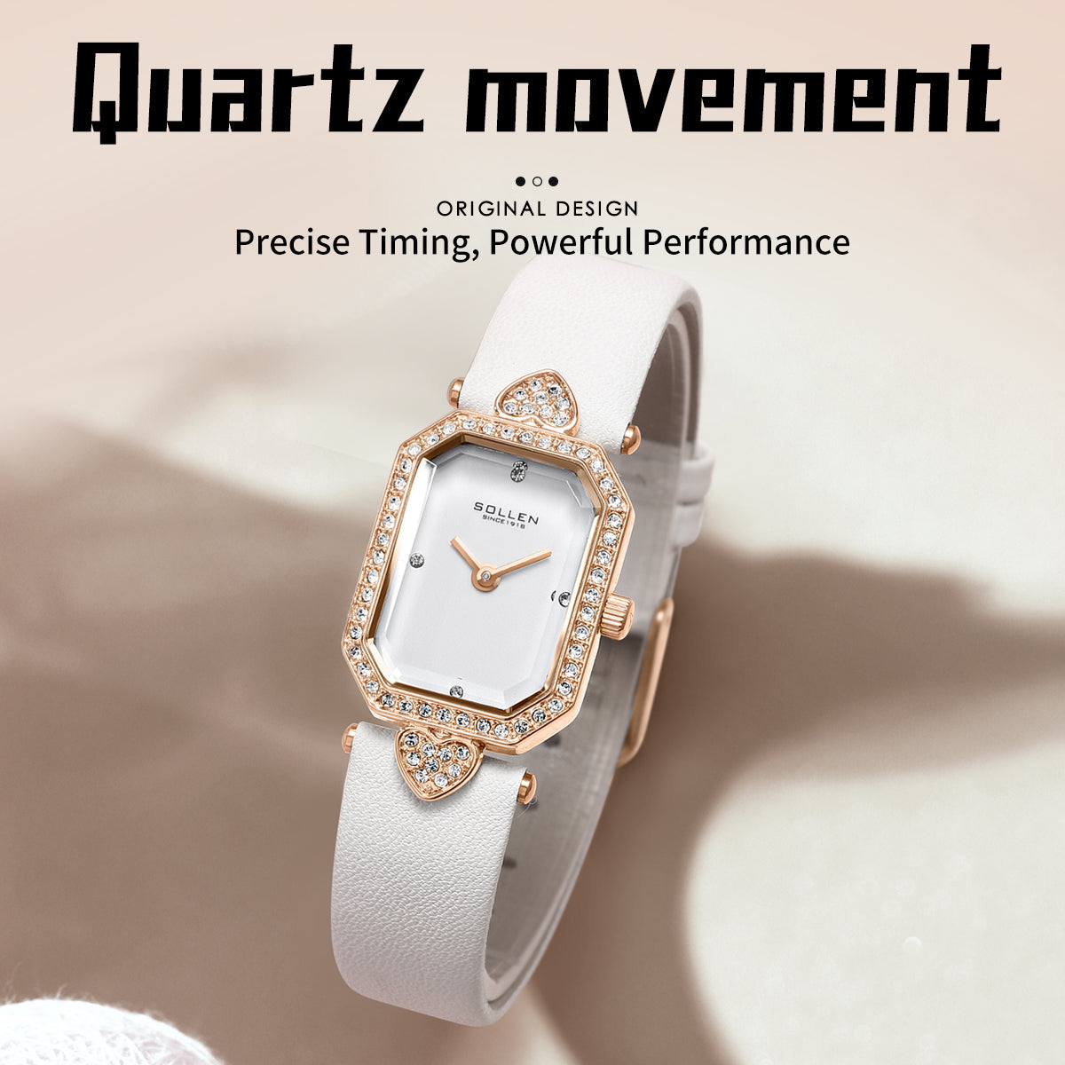Sollen SL426 Women's Tank Quartz Watch - 20x26mm Slim 7mm Crystal Bezel Swarovski Zirconia Genuine Leather Strap Wristwatch