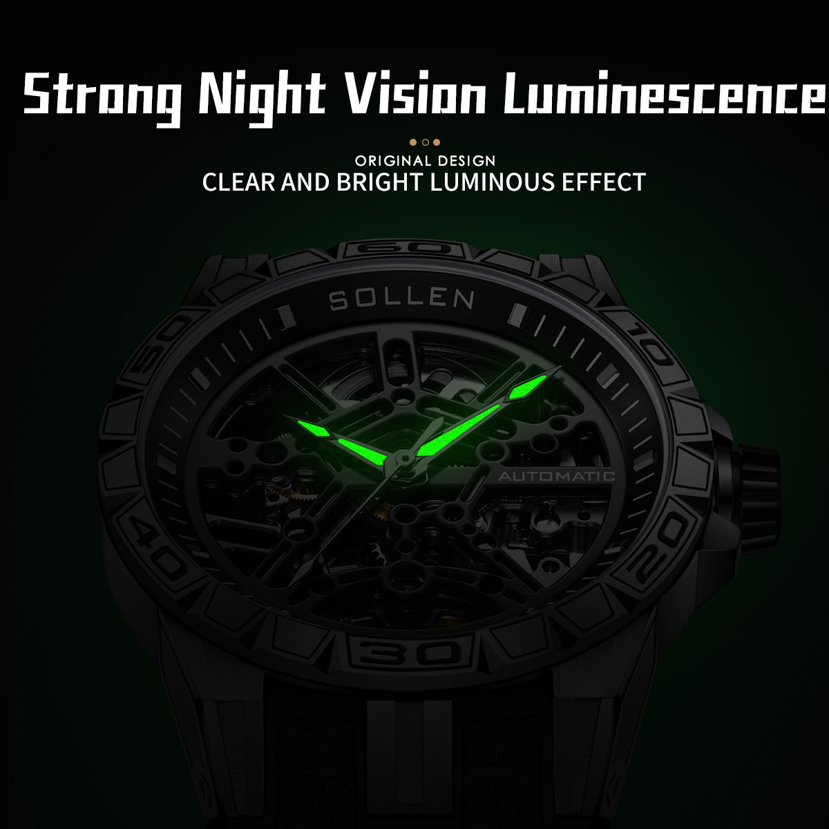 Sollen SL326 Men's Skeleton Automatic Mechanical Watch - 43mm 316L Stainless Steel Case Sapphire Crystal Multi-Layer Dial Leather-Pattern Silicone Strap Wristwatch