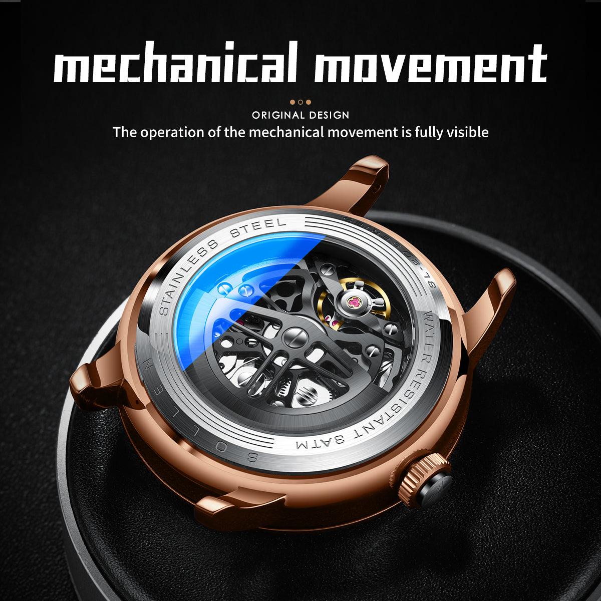 Sollen SL208 Men's Full Skeleton Automatic Mechanical Watch - 42mm Stainless Steel Case Frosted Open Dial Luminous Hands Wristwatch