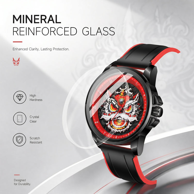 WLS6158 Quartz Watch - Live Edition Men's Streetwear 43mm Black Case Chinese Lion Dance Cultural Dial Luminous Facing Sport Silicone Elastic Woven Strap Wristwatch