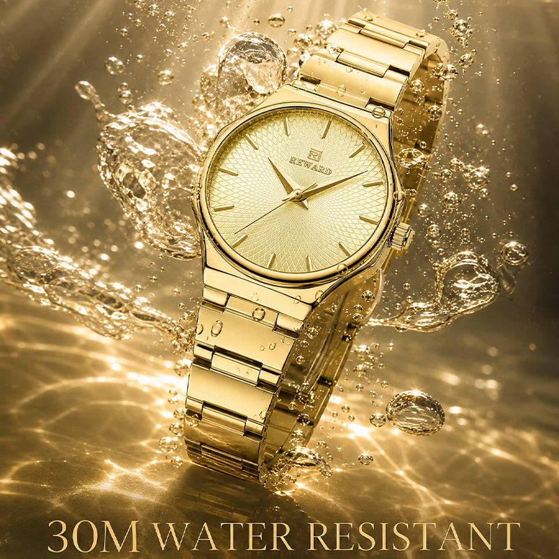 REWARD RD 213032L Quartz Watch - Live Edition Women's Elegant 28mm Full IPG Gold Stainless Steel Band Luminous Hands Sunburst Radial Dial Wristwatch