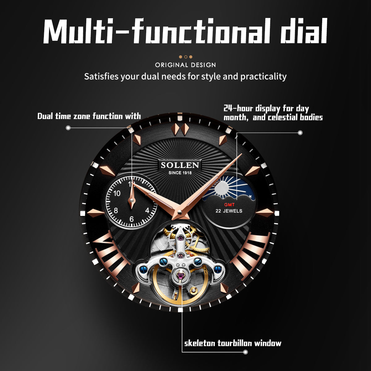Sollen SL302 Men's Open Heart Automatic Mechanical Watch - 41mm Stainless Steel Case Moon Phase Dual Time Sunburst Dial Wristwatch
