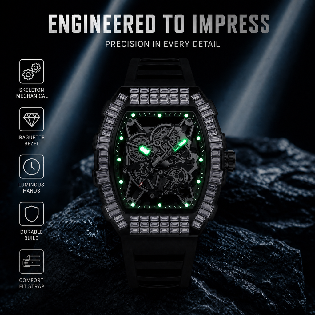 JEMSDUN JSD2406 Live Edition Men's High-Street Quartz Watch - 51x44mm Silver Case Baguette Crystal Bezel Mechanical Skeleton Dial Silicone Strap Wristwatch