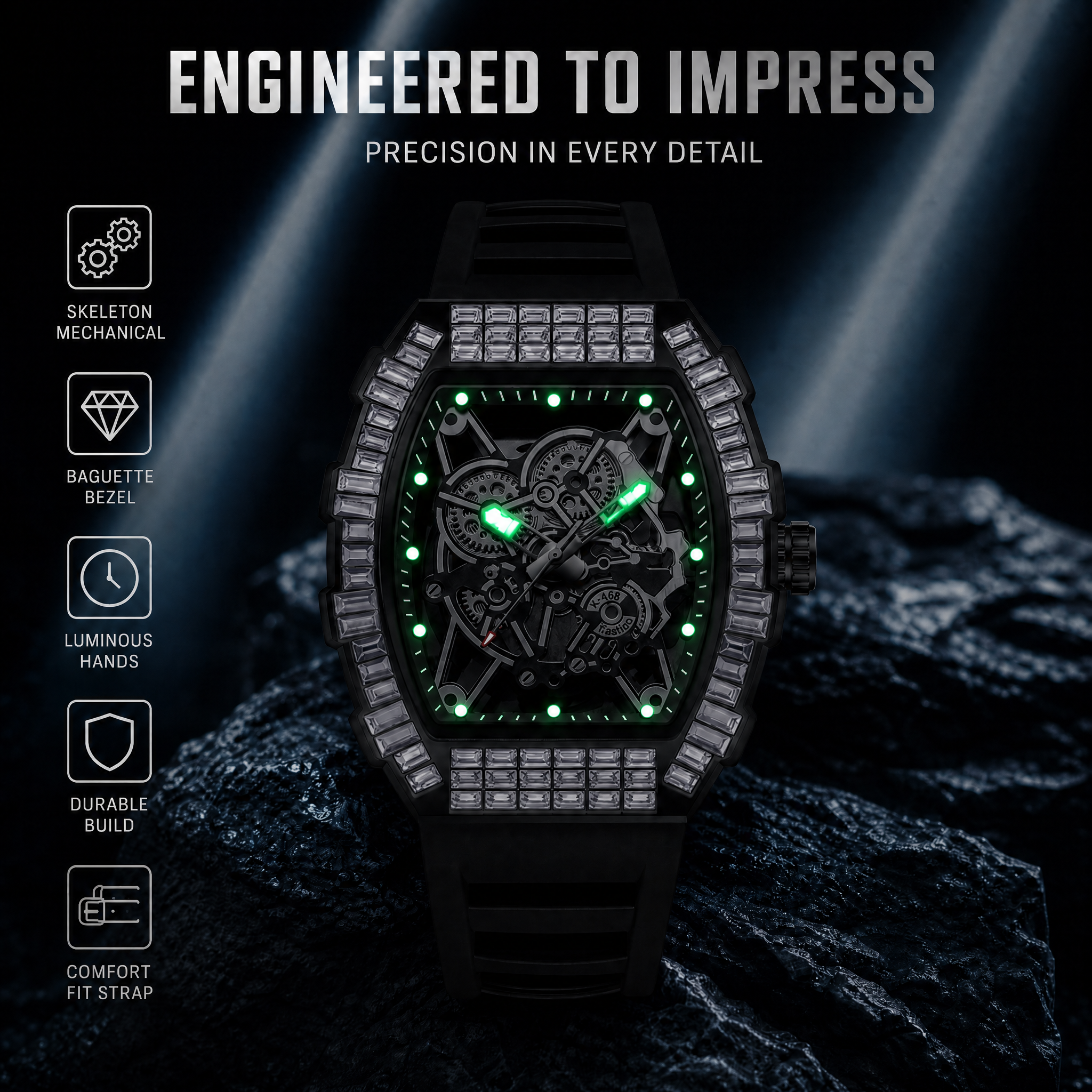 JEMSDUN JSD2406 Live Edition Men's High-Street Quartz Watch - 51x44mm Silver Case Baguette Crystal Bezel Mechanical Skeleton Dial Silicone Strap Wristwatch