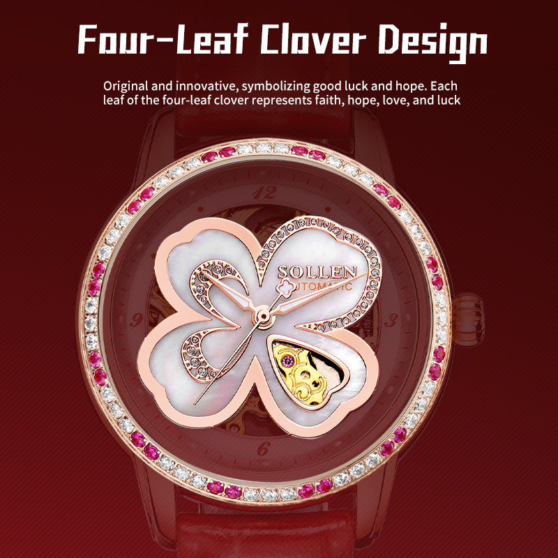 Sollen SL405 Women's Four-Leaf Clover Skeleton Automatic Watch - 35mm Crystal Bezel Mother of Pearl Dial Leather Strap Wristwatch