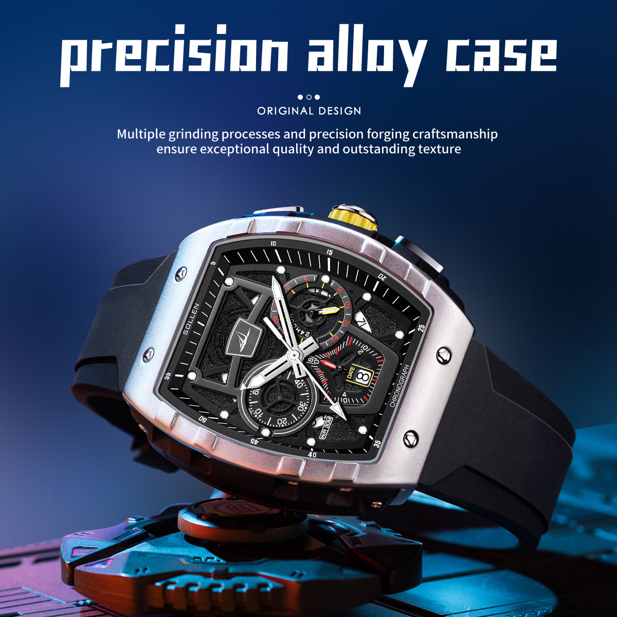Sollen SL709 Chronograph Watch - Men's Tonneau Multi-Layer Dial Performance Silicone Strap Wristwatch