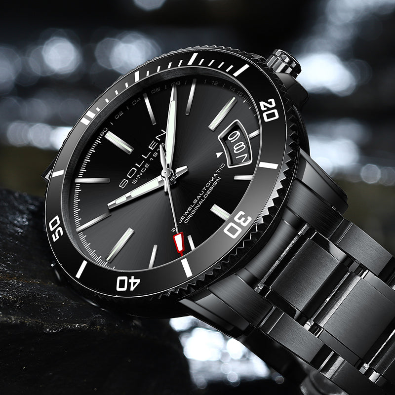 Sollen SL609 Automatic Watch - Men's Stainless Steel 5-Bead Bracelet Rotatable Bezel Seiko NH35A Wristwatch