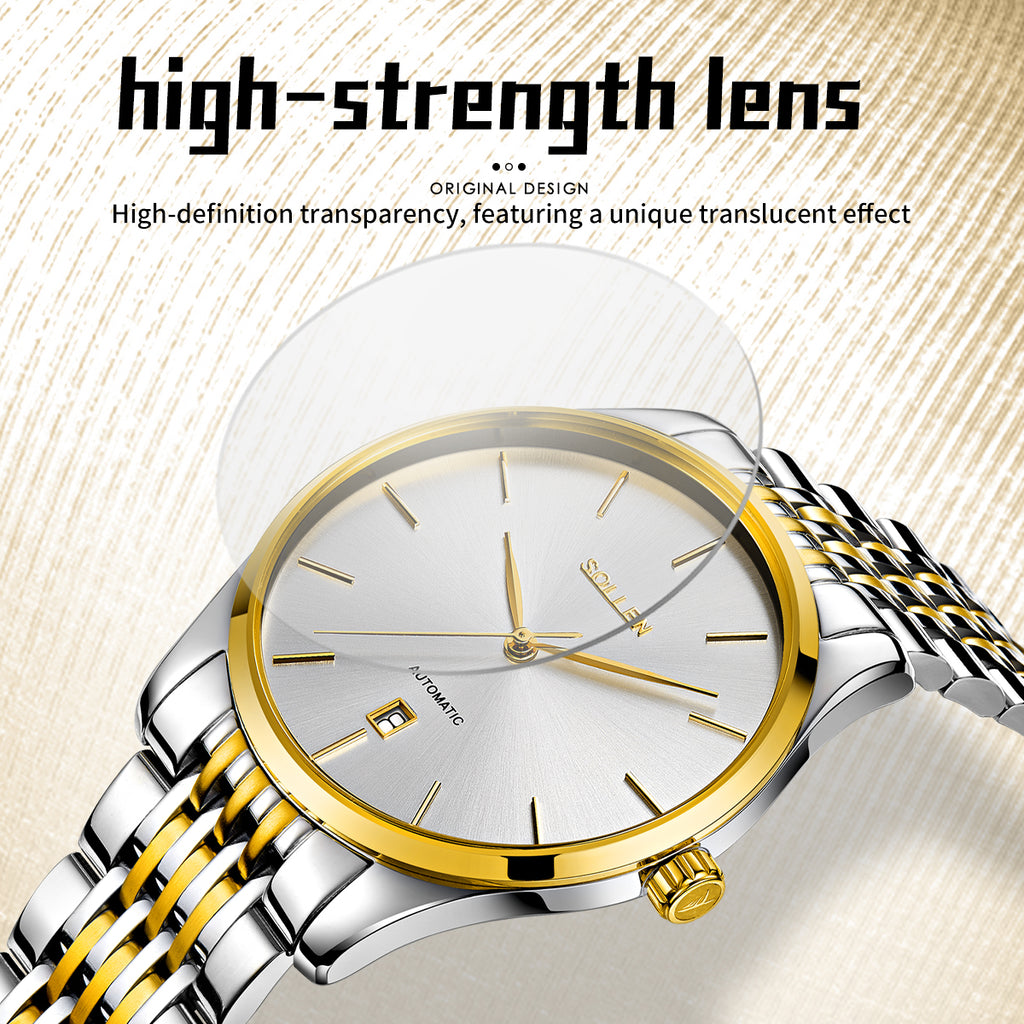 Sollen 9008 Automatic Watch - Men's Sunray Dial Slim Profile 9-Bead Stainless Steel Bracelet Wristwatch
