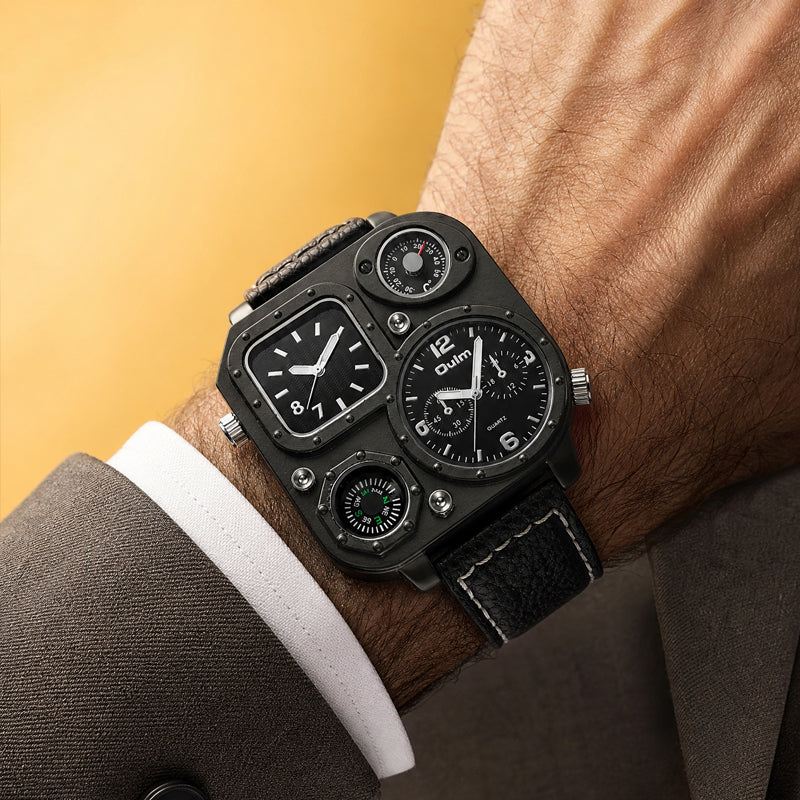 Oulm HP1169 Quartz Watch - Live Edition Men's Heavy Steampunk Dual Time Zone Industrial Black Case Luminous Hands Compass Leather Strap Tactical Wristwatch