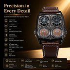 Oulm HP1140 Quartz Watch - Live Edition Men's Heavy Steampunk Dual Time Zone Industrial Black Case Luminous Hands Compass Wide Leather Strap Tactical Wristwatch