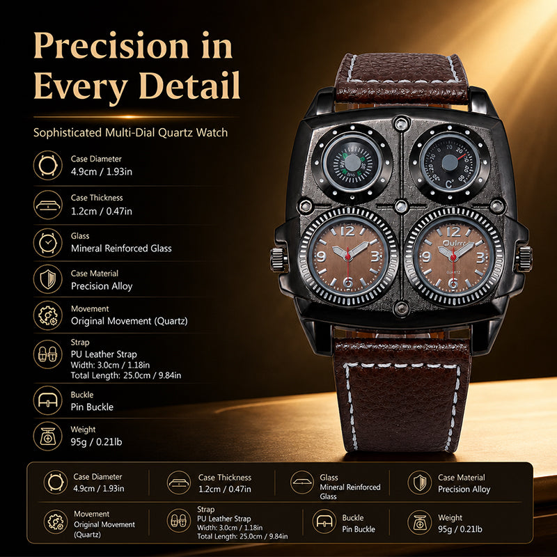 Oulm HP1140 Quartz Watch - Live Edition Men's Heavy Steampunk Dual Time Zone Industrial Black Case Luminous Hands Compass Wide Leather Strap Tactical Wristwatch