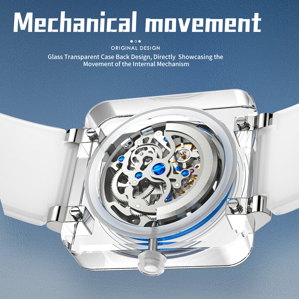 Sollen SL325 Men's Square Skeleton Automatic Mechanical Watch - 42mm Transparent K9 Crystal Case Open Heart Luminous Dial Liquid Silicone Strap Wristwatch