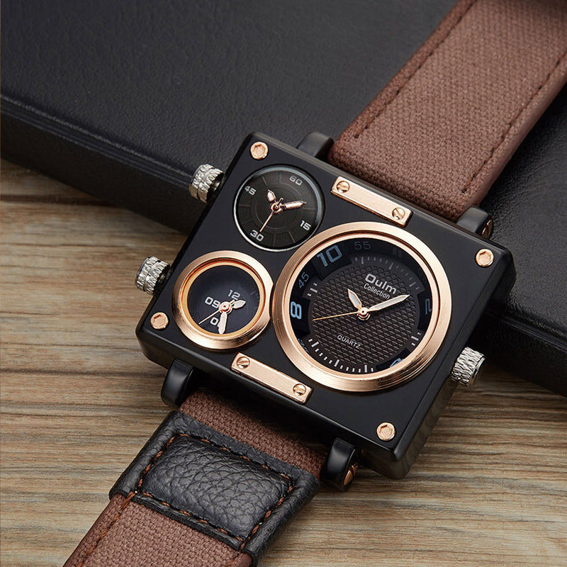 Oulm HP3595 Live Edition Men's Tactical Watch - Cyberpunk Multi Time Zone Triple Movement Rectangle Armor Case Wide Canvas Strap Sport Wristwatch