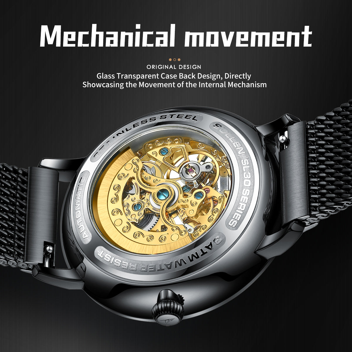 Sollen SL307 Men's Full Skeleton Automatic Mechanical Watch - 42mm Stainless Steel Case Slim 9.9mm Roman Numeral Bezel Mesh Bracelet Wristwatch