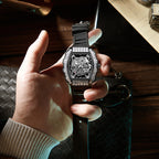 JEMSDUN JSD2406 Live Edition Men's High-Street Quartz Watch - 51x44mm Silver Case Baguette Crystal Bezel Mechanical Skeleton Dial Silicone Strap Wristwatch
