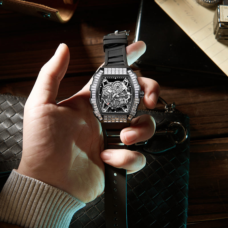 JEMSDUN JSD2406 Live Edition Men's High-Street Quartz Watch - 51x44mm Silver Case Baguette Crystal Bezel Mechanical Skeleton Dial Silicone Strap Wristwatch