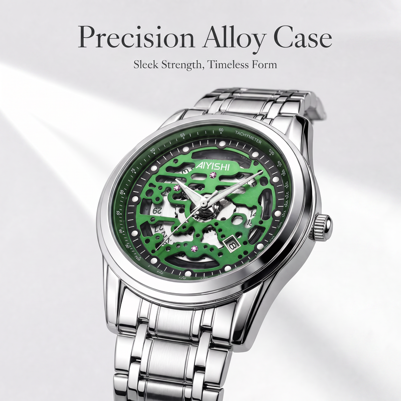 AIYISHI AYS2805G Live Edition Men's Skeleton Style Quartz Watch - 40mm Silver Case Tachymeter Bezel Date Window Metal Band Wristwatch