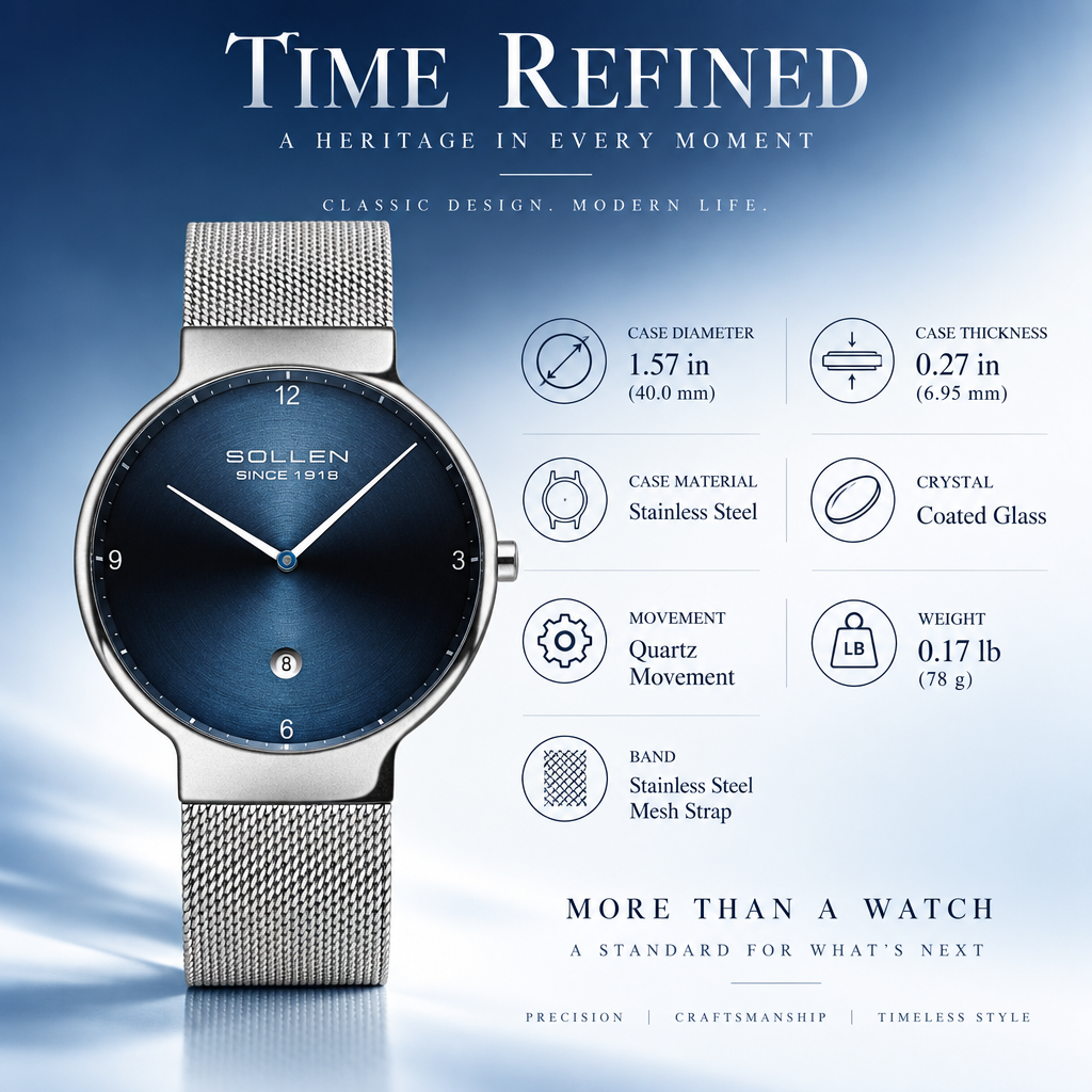 Sollen 9015 Series Quartz Watch - Men's Ultra-Thin Minimalist Dial Slim Profile Stainless Steel Mesh Strap Wristwatch