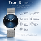 Sollen 9015 Series Quartz Watch - Men's Ultra-Thin Minimalist Dial Slim Profile Stainless Steel Mesh Strap Wristwatch