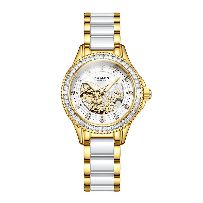 Sollen SL402 Women's Skeleton Automatic Mechanical Watch - 32.5mm Crystal Bezel Mother of Pearl Dial Ceramic Stainless Steel Bracelet Wristwatch