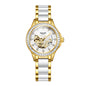 Sollen SL402 Women's Skeleton Automatic Mechanical Watch - 32.5mm Crystal Bezel Mother of Pearl Dial Ceramic Stainless Steel Bracelet Wristwatch