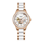 Sollen SL402 Women's Skeleton Automatic Mechanical Watch - 32.5mm Crystal Bezel Mother of Pearl Dial Ceramic Stainless Steel Bracelet Wristwatch
