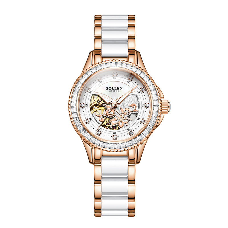 Sollen SL402 Women's Skeleton Automatic Mechanical Watch - 32.5mm Crystal Bezel Mother of Pearl Dial Ceramic Stainless Steel Bracelet Wristwatch