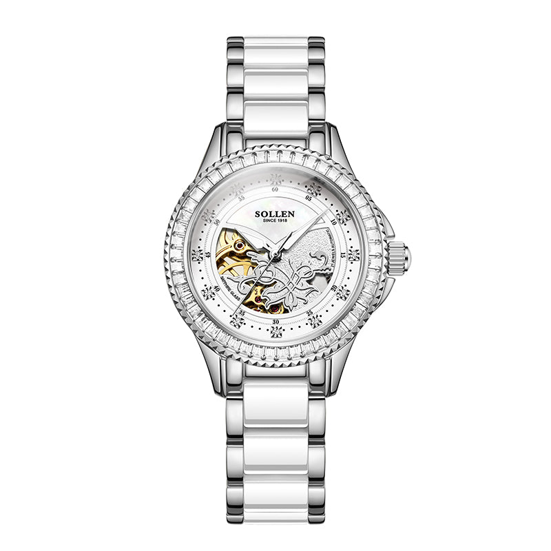 Sollen SL402 Women's Skeleton Automatic Mechanical Watch - 32.5mm Crystal Bezel Mother of Pearl Dial Ceramic Stainless Steel Bracelet Wristwatch