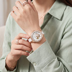 Sollen SL402 Women's Skeleton Automatic Mechanical Watch - 32.5mm Crystal Bezel Mother of Pearl Dial Ceramic Stainless Steel Bracelet Wristwatch