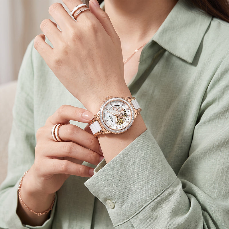 Sollen SL402 Women's Skeleton Automatic Mechanical Watch - 32.5mm Crystal Bezel Mother of Pearl Dial Ceramic Stainless Steel Bracelet Wristwatch