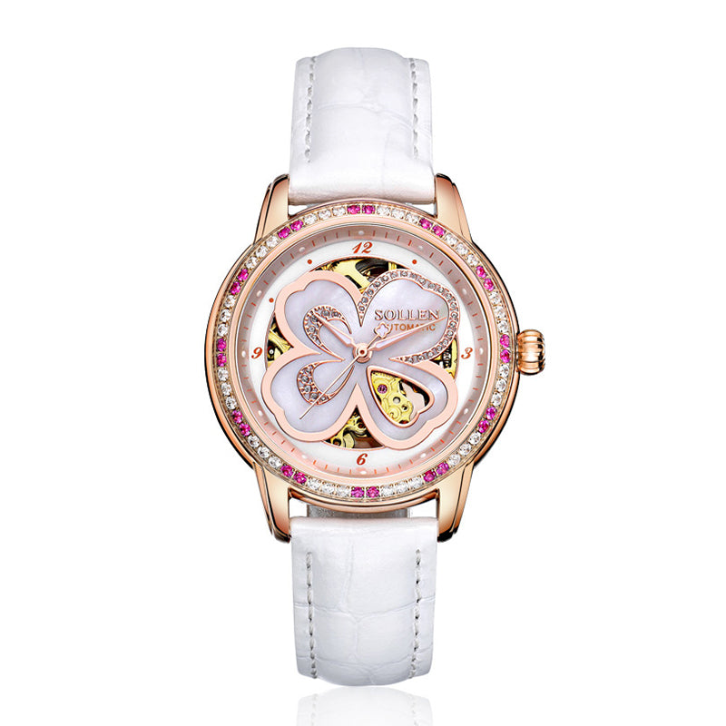 Sollen SL405 Women's Four-Leaf Clover Skeleton Automatic Watch - 35mm Crystal Bezel Mother of Pearl Dial Leather Strap Wristwatch