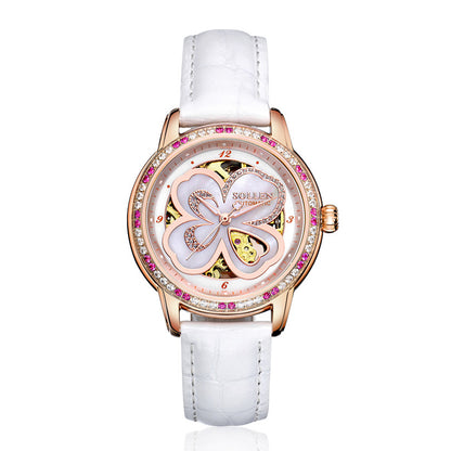 Sollen SL405 Women's Four-Leaf Clover Skeleton Automatic Watch - 35mm Crystal Bezel Mother of Pearl Dial Leather Strap Wristwatch