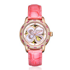 Sollen SL405 Women's Four-Leaf Clover Skeleton Automatic Watch - 35mm Crystal Bezel Mother of Pearl Dial Leather Strap Wristwatch