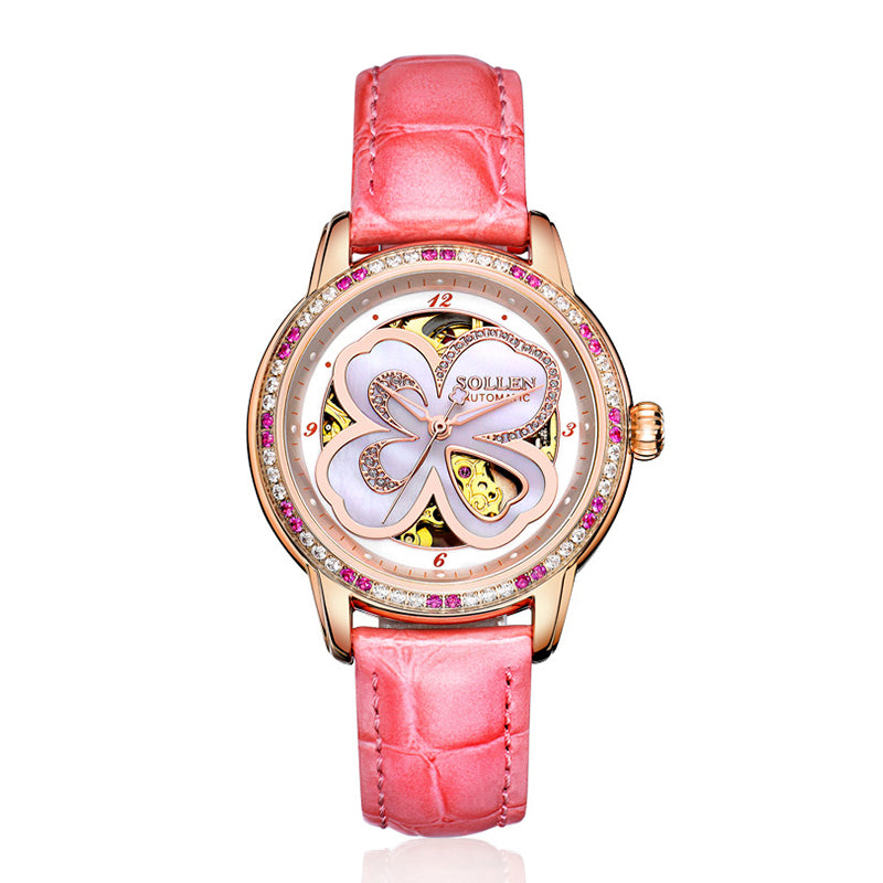 Sollen SL405 Women's Four-Leaf Clover Skeleton Automatic Watch - 35mm Crystal Bezel Mother of Pearl Dial Leather Strap Wristwatch