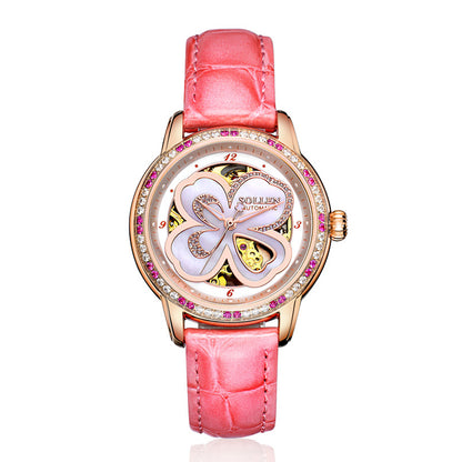 Sollen SL405 Women's Four-Leaf Clover Skeleton Automatic Watch - 35mm Crystal Bezel Mother of Pearl Dial Leather Strap Wristwatch