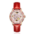 Sollen SL405 Women's Four-Leaf Clover Skeleton Automatic Watch - 35mm Crystal Bezel Mother of Pearl Dial Leather Strap Wristwatch