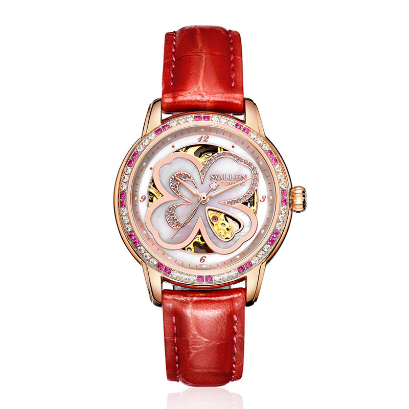 Sollen SL405 Women's Four-Leaf Clover Skeleton Automatic Watch - 35mm Crystal Bezel Mother of Pearl Dial Leather Strap Wristwatch