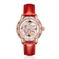 Sollen SL405 Women's Four-Leaf Clover Skeleton Automatic Watch - 35mm Crystal Bezel Mother of Pearl Dial Leather Strap Wristwatch