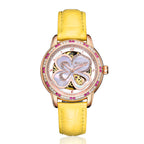 Sollen SL405 Women's Four-Leaf Clover Skeleton Automatic Watch - 35mm Crystal Bezel Mother of Pearl Dial Leather Strap Wristwatch