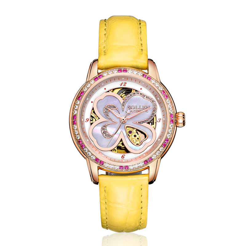 Sollen SL405 Women's Four-Leaf Clover Skeleton Automatic Watch - 35mm Crystal Bezel Mother of Pearl Dial Leather Strap Wristwatch