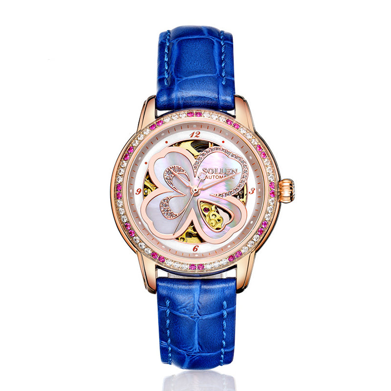 Sollen SL405 Women's Four-Leaf Clover Skeleton Automatic Watch - 35mm Crystal Bezel Mother of Pearl Dial Leather Strap Wristwatch