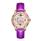 Sollen SL405 Women's Four-Leaf Clover Skeleton Automatic Watch - 35mm Crystal Bezel Mother of Pearl Dial Leather Strap Wristwatch