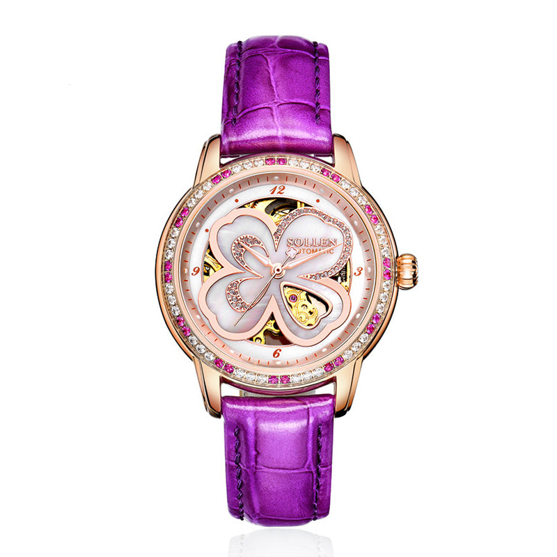 Sollen SL405 Women's Four-Leaf Clover Skeleton Automatic Watch - 35mm Crystal Bezel Mother of Pearl Dial Leather Strap Wristwatch