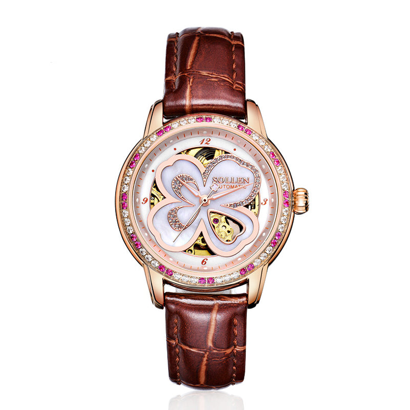 Sollen SL405 Women's Four-Leaf Clover Skeleton Automatic Watch - 35mm Crystal Bezel Mother of Pearl Dial Leather Strap Wristwatch