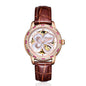 Sollen SL405 Women's Four-Leaf Clover Skeleton Automatic Watch - 35mm Crystal Bezel Mother of Pearl Dial Leather Strap Wristwatch