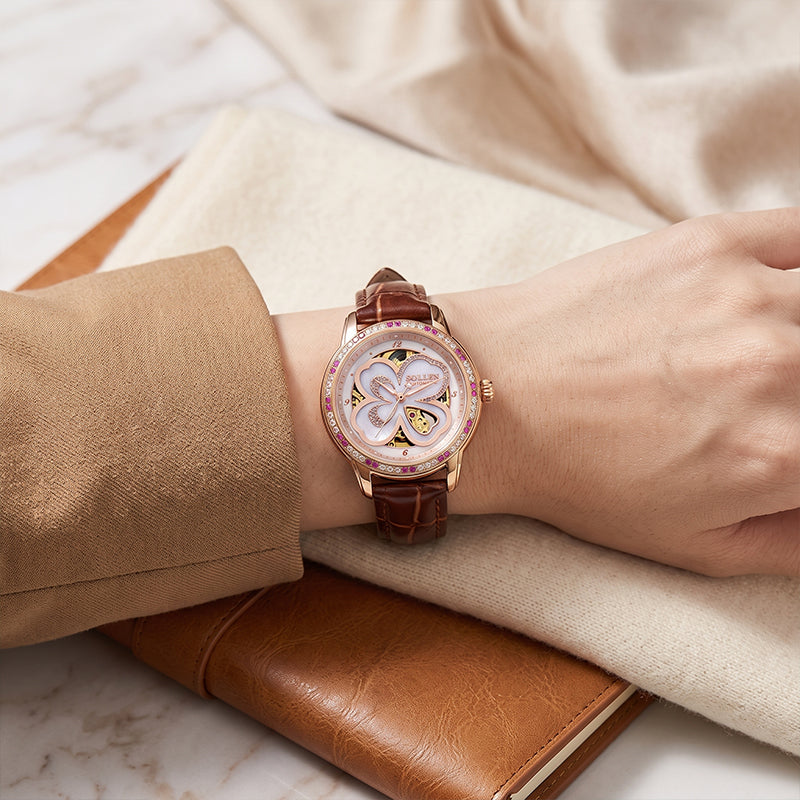 Sollen SL405 Women's Four-Leaf Clover Skeleton Automatic Watch - 35mm Crystal Bezel Mother of Pearl Dial Leather Strap Wristwatch