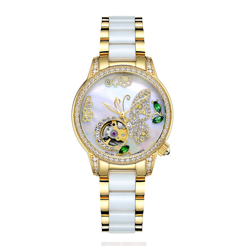 Sollen SL406 Women's Butterfly Open Heart Automatic Watch - 35mm Crystal Bezel Sapphire Crystal Miyota 90S5 Ceramic Bracelet Wristwatch