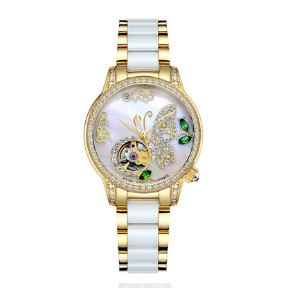Sollen SL406 Women's Butterfly Open Heart Automatic Watch - 35mm Crystal Bezel Sapphire Crystal Miyota 90S5 Ceramic Bracelet Wristwatch